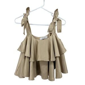 Storets Size S/M Tiered Ruffle Top Champagne Gold Bow Shoulder Ties Satin